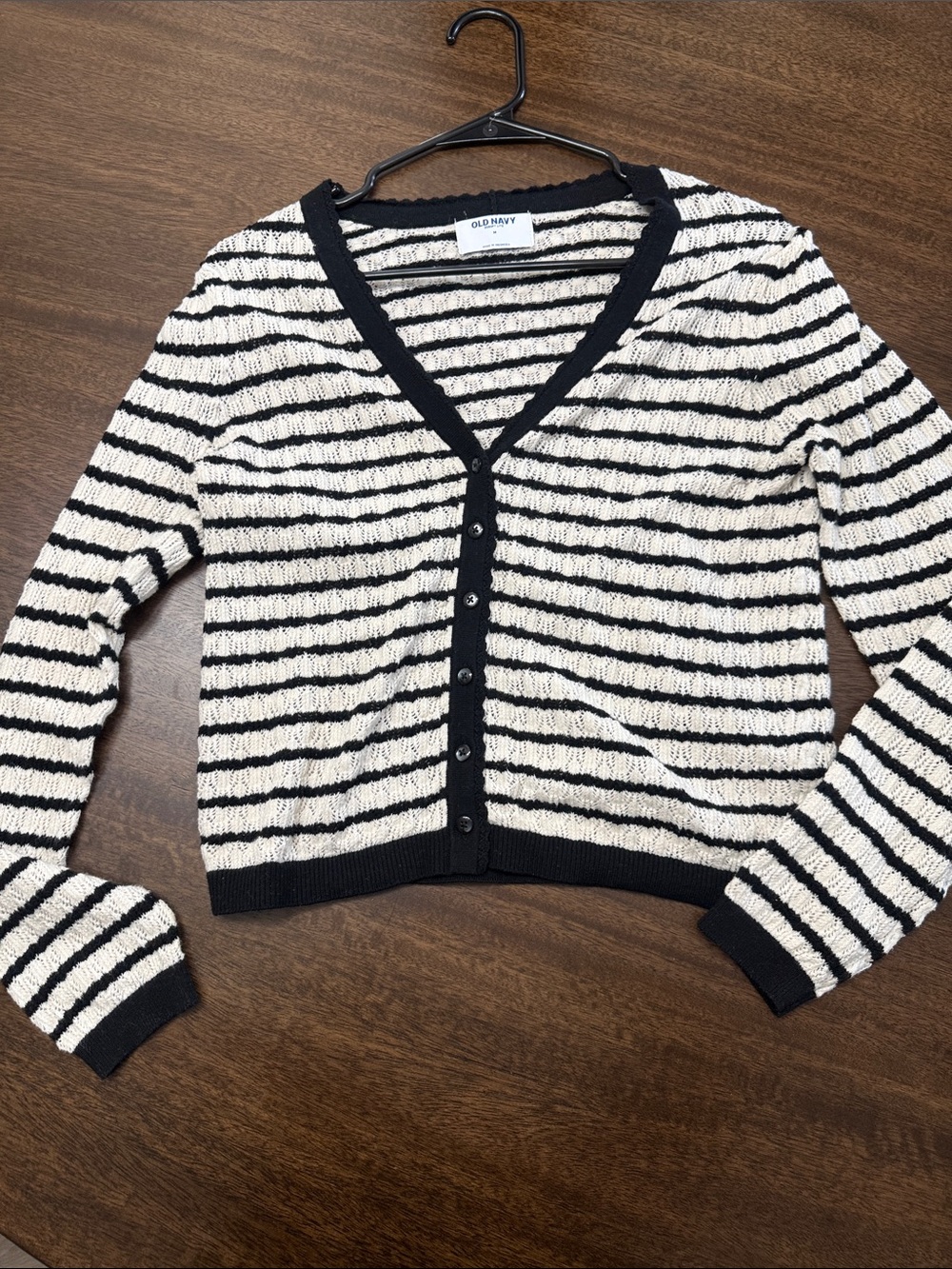 Old Navy Black & Cream Striped V-Neck Button Cardigan